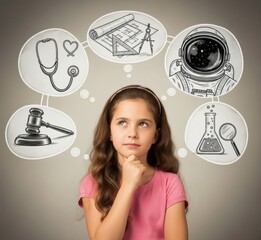 Kid imagining education with doodles on chalkboard background in 