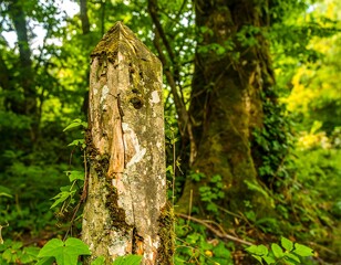 Weathered wooden post in a lush forest