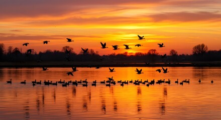 Naklejka premium Birds flying over calm water at sunset
