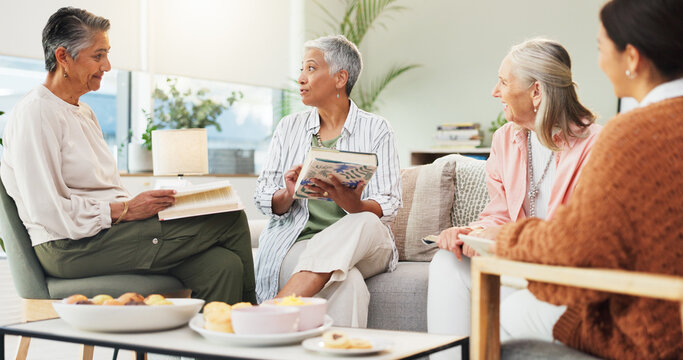 Book club, friends and senior women in home, retirement and review of novel, discussion and bonding. Talking, reader and elderly people with hobby in lounge, snacks and criticism of story in house