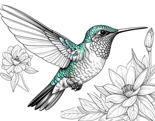 Hummingbird in flight, surrounded by flowers