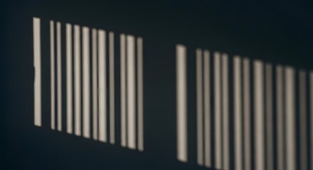 Minimalist abstract background with sunlight casting vertical barcode-like shadows on a dark wall