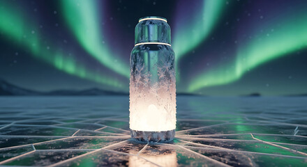 Frozen thermos glows under the Northern Lights