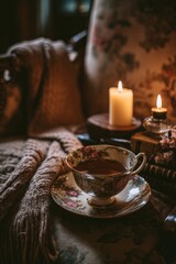 Naklejka premium A candlelit evening setting with herbal tea served in vintage china. A soft blanket is draped over a chair. The mood feels romantic and serene, Generative AI 