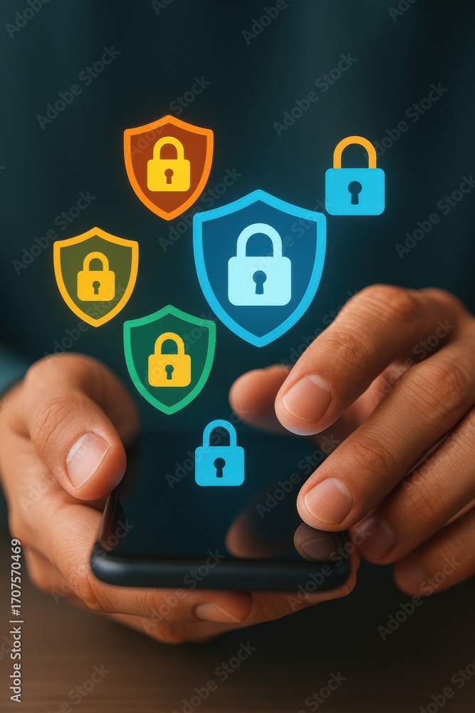 Poster secure mobile technology concept with shield icons and hands holding smartphone