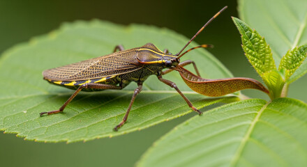 Stunning macro shot of a stink bug on a vibrant green leaf, nature's beauty revealed