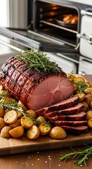 A sliced roasted ham, garnished with fresh herbs, sits alongside roasted potatoes on a wooden board, ready for a holiday feast.