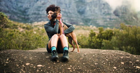 Break, cuddle or hiking with woman and dog in mountains for adventure, bonding or journey. Love,...