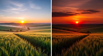 A breathtaking landscape view of a sunrise and sunset over rolling hills and a golden wheat field, showcasing a vibrant color palette and a serene atmosphere.