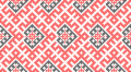 Traditional Ukrainian ornament vector, red and black cross-stitch seamless pattern, ethnic vyshyvanka embroidery, folk geometric background for print, fabric, clothing, website, banner, national