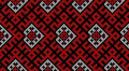 Traditional Ukrainian ornament vector, red and black cross-stitch seamless pattern, ethnic vyshyvanka embroidery, folk geometric background for print, fabric, clothing, website, banner, national
