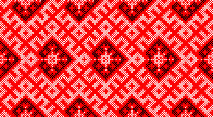 Traditional Ukrainian ornament vector, red and black cross-stitch seamless pattern, ethnic vyshyvanka embroidery, folk geometric background for print, fabric, clothing, website, banner, national