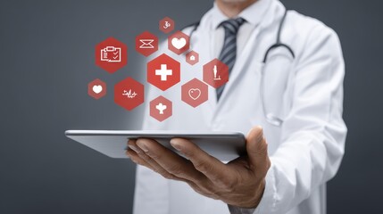 Digital healthcare technology: doctor using tablet with medical icons on gray background