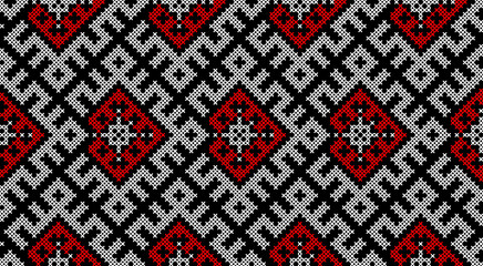 Traditional Ukrainian ornament vector, red and black cross-stitch seamless pattern, ethnic vyshyvanka embroidery, folk geometric background for print, fabric, clothing, website, banner, national