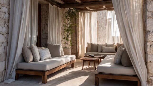 Outdoor lounge area with light-colored furniture and sheer curtains.