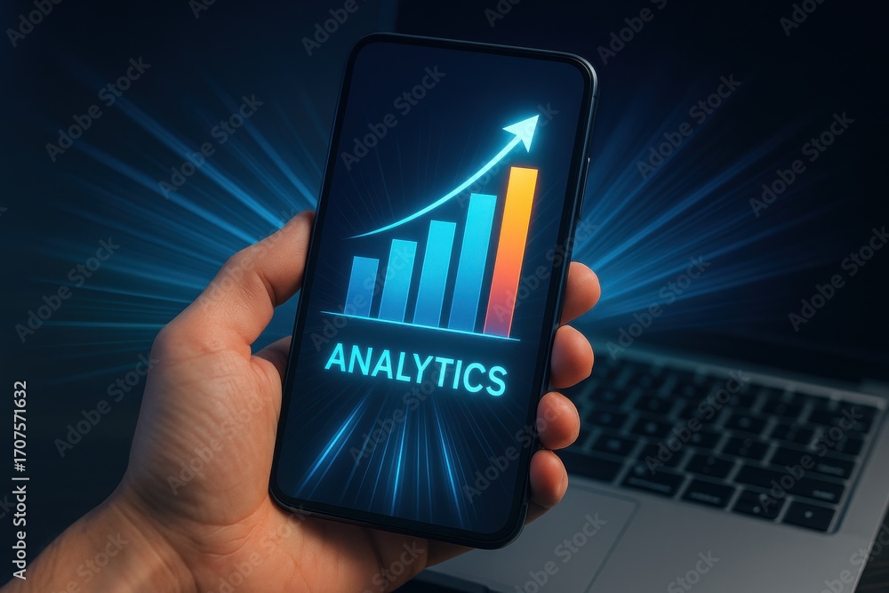 Aufkleber hand holding smartphone displaying analytics graph with data visualization and technology concept