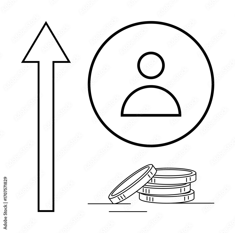 Poster circular user icon with stack of coins and upward arrow symbolizing progress, growth, or success. id
