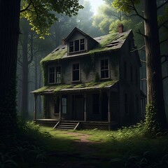 An abandoned house, overgrown with moss and vines, stands silently in a dense forest.