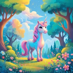 A vibrant and dreamy illustration of a whimsical forest, with lush green trees, colorful flowers, and a few puffy white clouds in the sky. In the center, a majestic unicorn stands proudly.