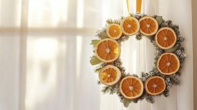 Festive orange slice wreath with frosted greenery on sunlit window