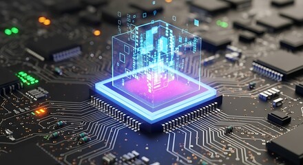 Abstract Futuristic Microchip with Glowing Elements on a Complex Circuit Board Network