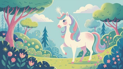 A vibrant and dreamy illustration of a whimsical forest, with lush green trees, colorful flowers, and a few puffy white clouds in the sky. In the center, a majestic unicorn stands proudly.