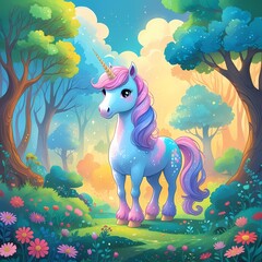 A vibrant and dreamy illustration of a whimsical forest, with lush green trees, colorful flowers, and a few puffy white clouds in the sky. In the center, a majestic unicorn stands proudly.
