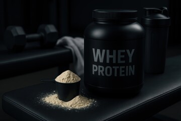 Protein powder container and scoop on gym bench in a dark fitness environment, emphasizing workout nutrition essentials