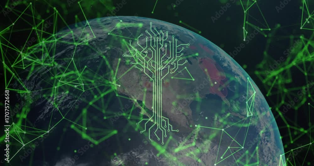 Poster with globe rotating, 3d earth drifting network, growing circuit tree pulsing hotspots for data flow