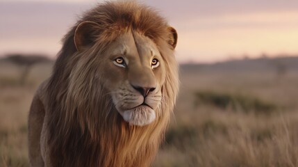 Obraz premium Majestic lion in natural habitat at sunset, capturing wildlife beauty and serenity