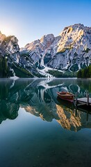 Serene mountain lake reflects the majestic peaks in a still morning light, showcasing a picturesque scene of tranquil nature.