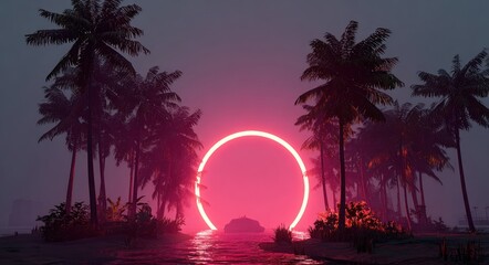 A neon pink circle glows over water, framed by palm trees and foliage against a twilight sky in a tropical, tranquil paradise