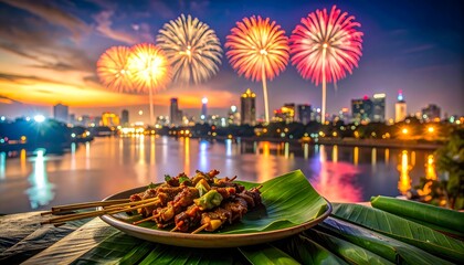 Enjoying a Plate of Grilled Satay with a Breathtaking Backdrop of Fireworks Exploding Over a Modern Cityscape