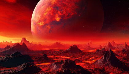Alien planet landscape with a large red moon and fiery mountains fiery landscape volcanic terrain