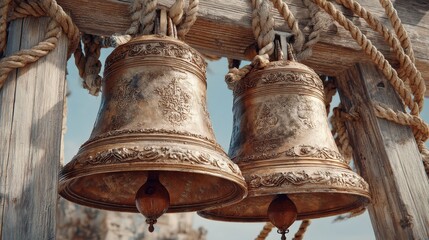 Obraz premium Historic bells hanging from a wooden structure in a serene outdoor setting