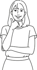 Smiling woman in casual clothes with hand on chin, looking thoughtful and confident.