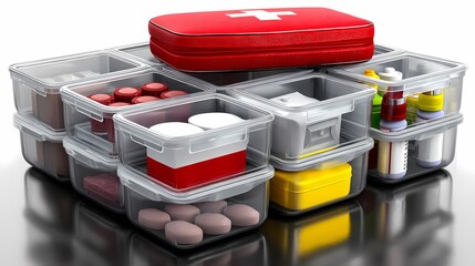 Organized Medical Supplies with Red First Aid Kit and Containers