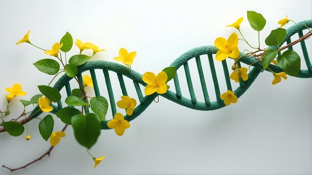 Nature s blueprint dna strand intertwined with blooming yellow flowers and green leaves - Powered by Adobe