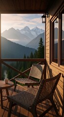 A wooden porch, furnished with woven chairs and a small table, overlooks a misty mountain range at sunrise.