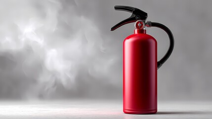 Bright Red Fire Extinguisher with Smoke Background in Indoor Setting