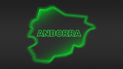 Fototapeta premium Neon Green Andorra Map Outline Futuristic Digital Glow Halftone Illustration
