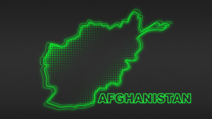 Neon Green Afghanistan Map Outline Futuristic Digital Glow Halftone Illustration