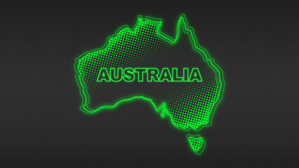 Fototapeta premium Neon Green Australia Map Outline Futuristic Digital Glow Halftone Illustration