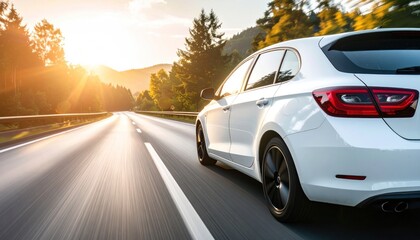 A white car races down an open road lined with trees, bathed in the golden glow of a sunset, conveying speed and freedom