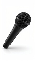 A black handheld microphone, the kind used for singing or public speaking, sits diagonally against a stark white background
