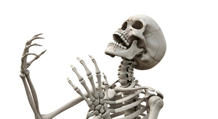A human skeleton looking up with an open mouth in a silent scream, hands raised in a gesture of desperation and anguish isolated on a white background