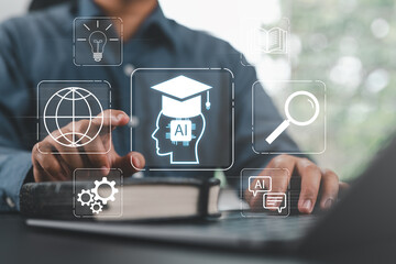 AI Education Technology Concept. Person Using Laptop to Learn Artificial Intelligence Skills, Smart...