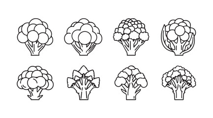 Collection of eight distinct broccoli and cauliflower florets in a clean line art silhouette