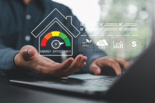 Energy efficiency level meter, Energy efficient rating class concept, Low-consumption ecological house for sustainable development concept.