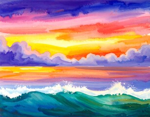Vibrant sunset over a wavy ocean